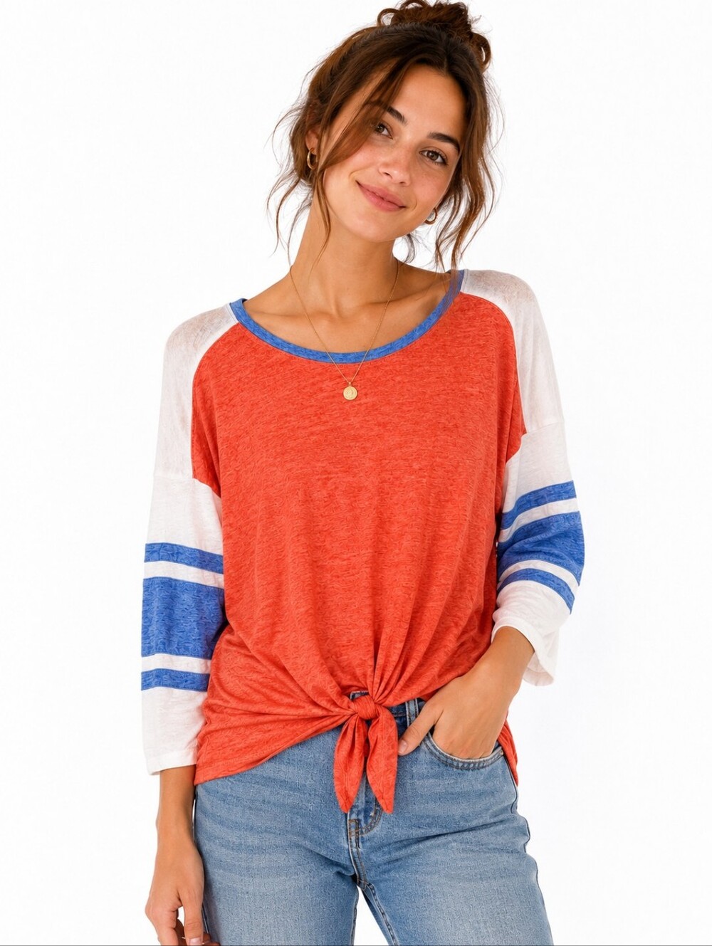 SO Relaxed Coral & Blue Colorblock Tie-Front Baseball Tee | Large